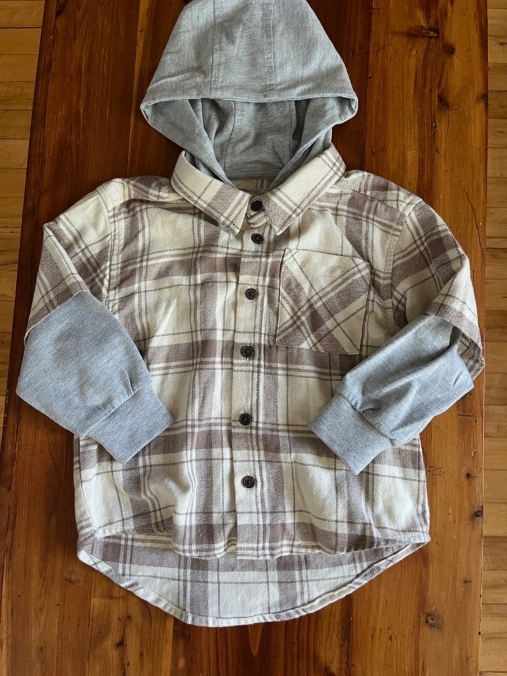 George Cotton Hoodie Cream with Brown Plaid and Solid Grey 3T